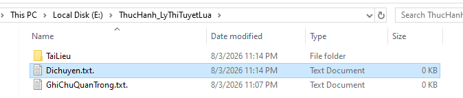 Cấu trúc đầy đủ: thư mục TaiLieu cùng các tệp DiChuyen.txt và GhiChuQuanTrong.txt