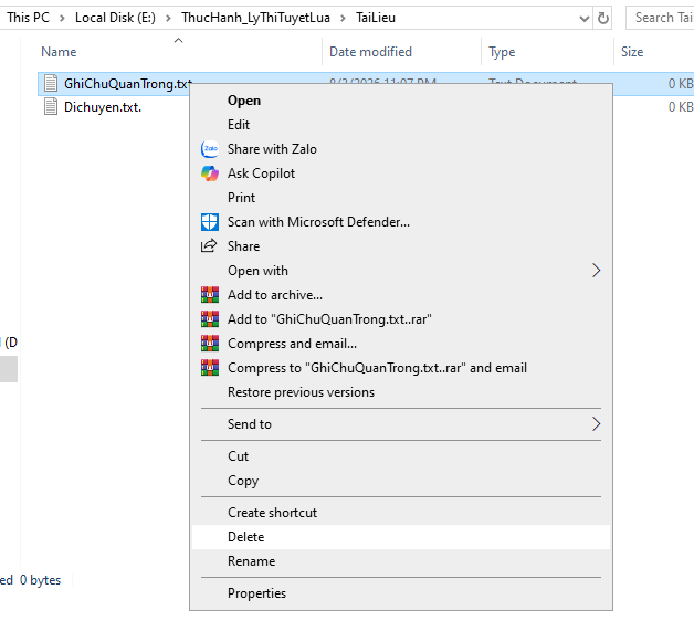 Menu chuột phải với tùy chọn Delete