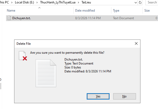 Hộp thoại cảnh báo xóa vĩnh viễn khi dùng Shift+Delete