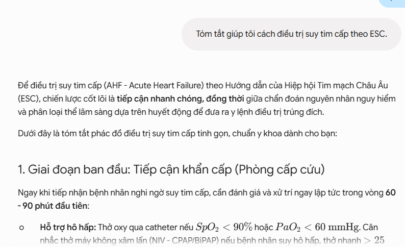 Kết quả AI với prompt cơ bản về điều trị suy tim cấp theo ESC