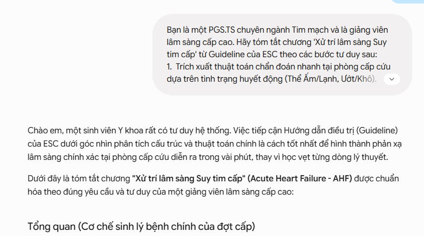 Kết quả AI với prompt nâng cao role-prompting trả ra bảng thuật toán và clinical pearls