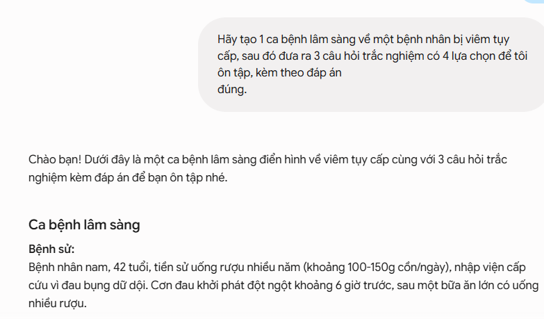 Kết quả AI tạo ca bệnh viêm tụy cấp kèm câu hỏi và đáp án
