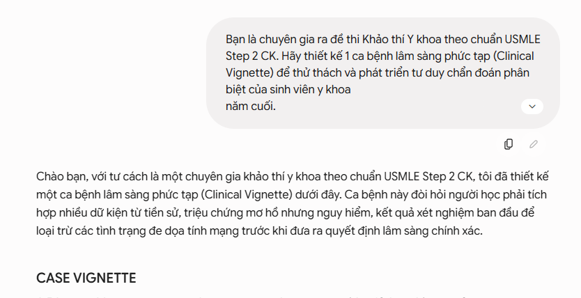 Kết quả AI tạo ca bệnh chuẩn USMLE Step 2 CK với biện luận chẩn đoán phân biệt
