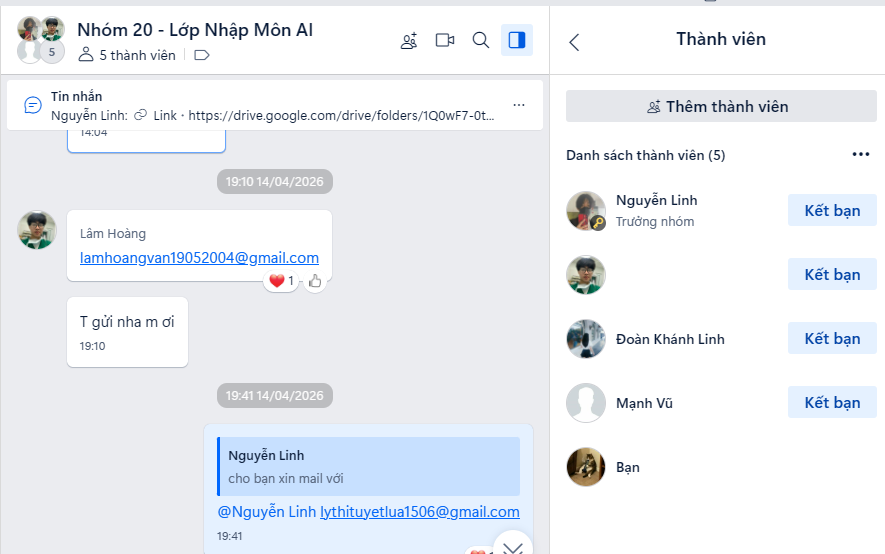 Nhóm Zalo "Nhóm 20 - Lớp Nhập Môn AI" với danh sách 5 thành viên định danh rõ ràng