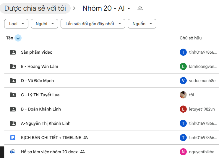 Cấu trúc cây thư mục Google Drive của Nhóm 20 với thư mục riêng từng thành viên