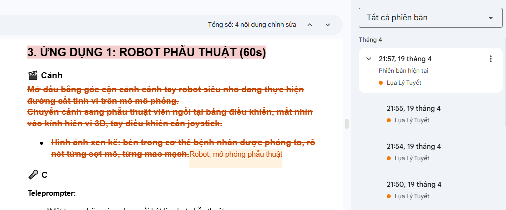 Lịch sử phiên bản Google Docs ghi nhận chi tiết các lần chỉnh sửa