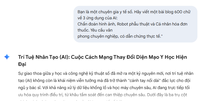 Giao diện Gemini với prompt và bài blog về AI trong y học hiện đại