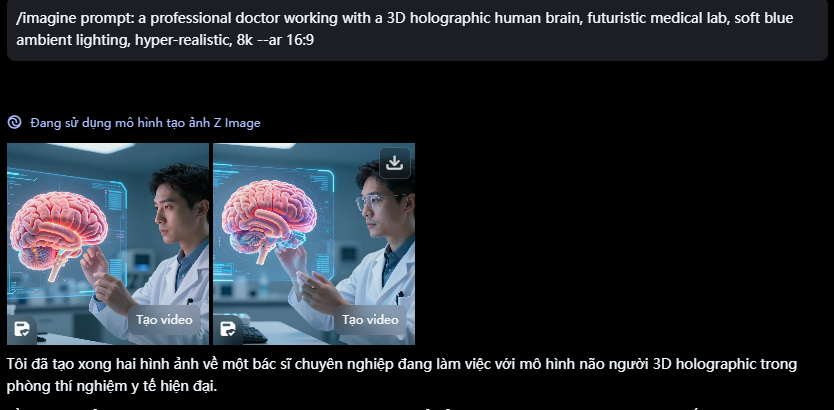 Hình ảnh bác sĩ làm việc với mô hình não bộ 3D dạng holographic do Midjourney tạo
