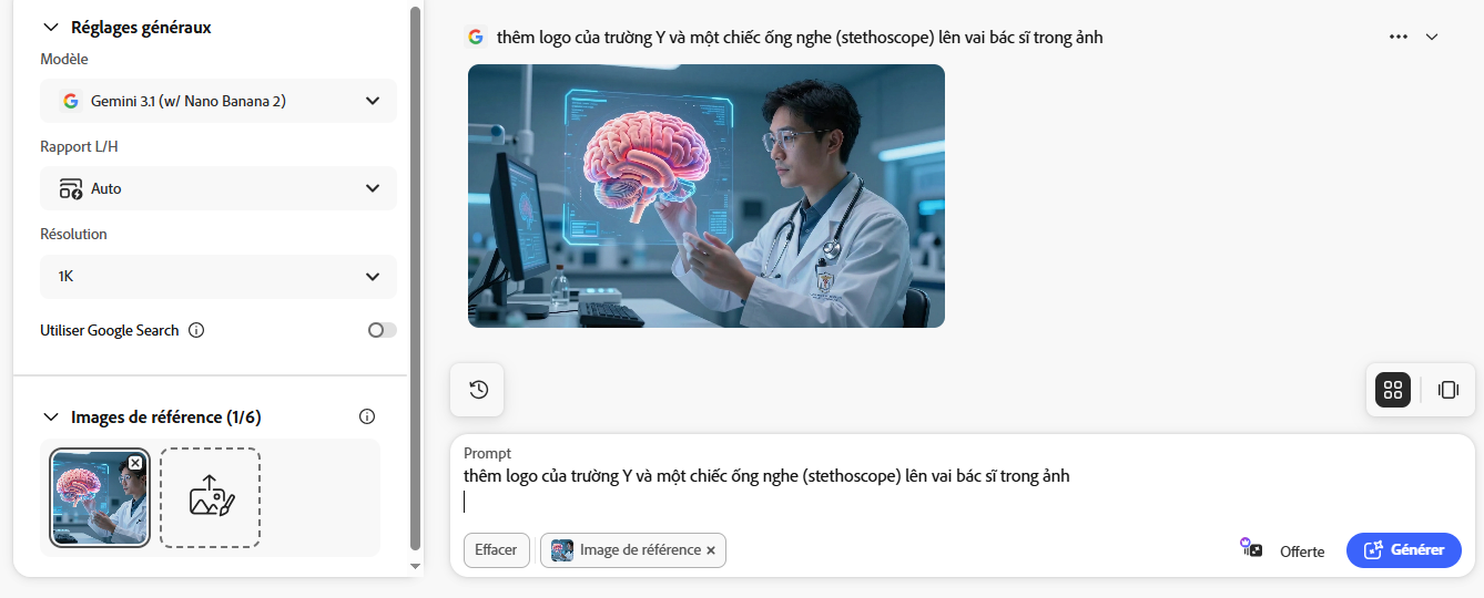Thao tác Generative Fill thêm logo và ống nghe vào ảnh bác sĩ